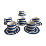 Set de 6 tasses à thé et soucoupe en faïence à rayures bleues