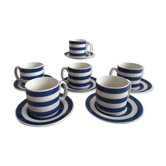 Set of 6 tea cups and blue striped earthenware saucer