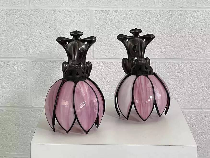 Pair of Tiffany style iron and glass leg wall lights