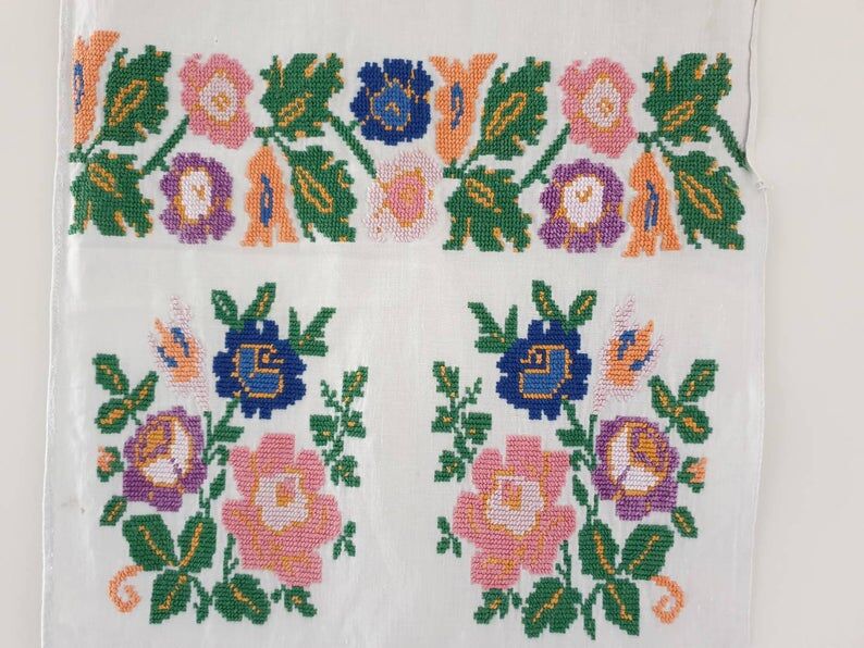 Old folk Romanian floral decorative towel with tassels, table runner, with rich cross stitched design made on home handmade cotton fabric