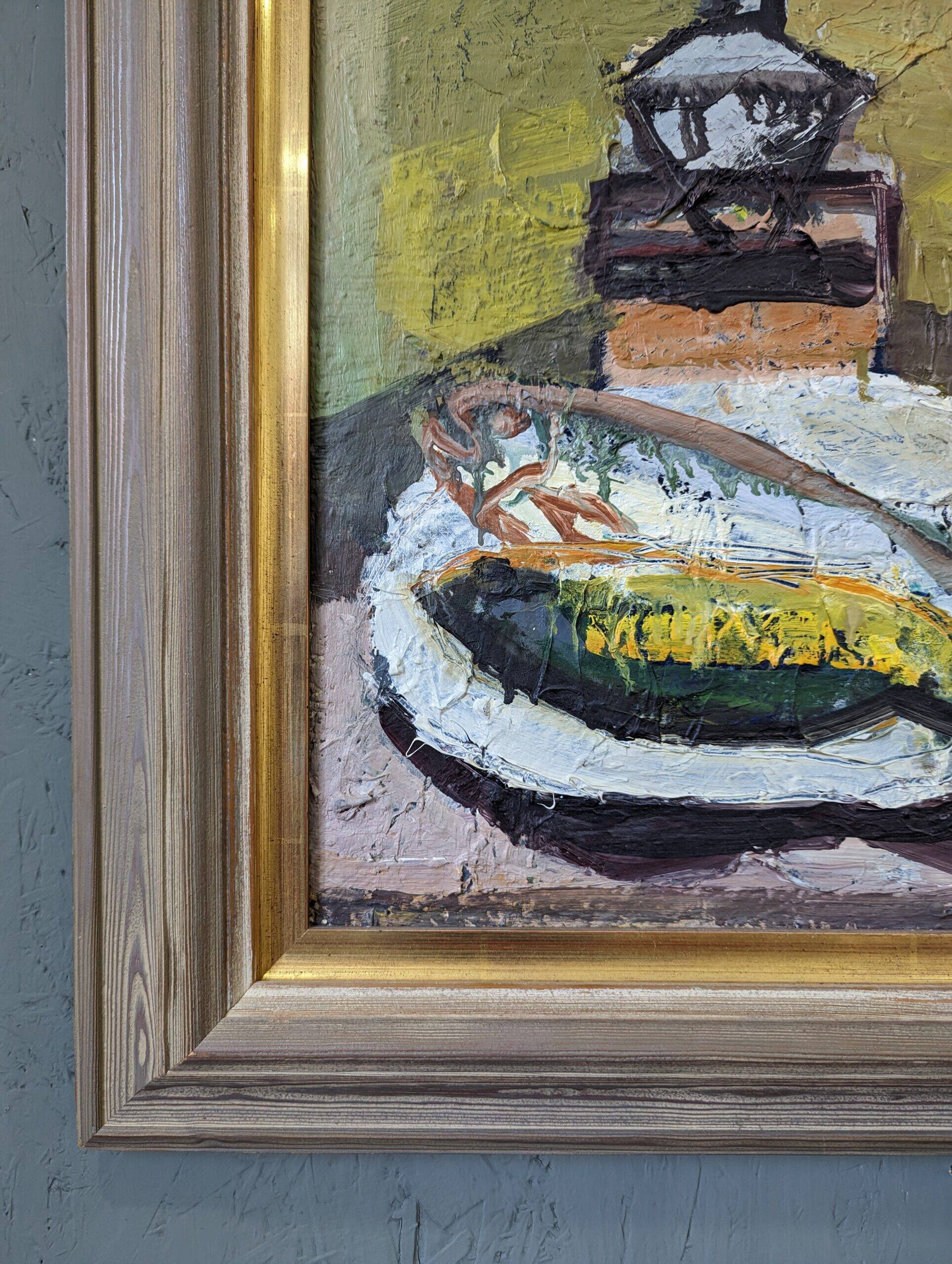 1959 Mid-Century Modern Swedish "Still Life With Lamp" Vintage Oil Painting, Framed