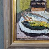 1959 Peinture à l’huile vintage suédoise moderne  « Nature morte avec lampe », encadrée