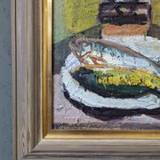 1959 Mid-Century Modern Swedish "Still Life With Lamp" Vintage Oil Painting, Framed