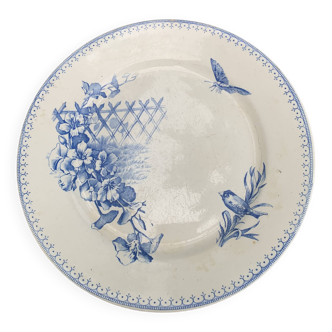 Assiette plate de collection, terre de fer, malaca,motif d'oiseau,papilon et fleurs, made in france
