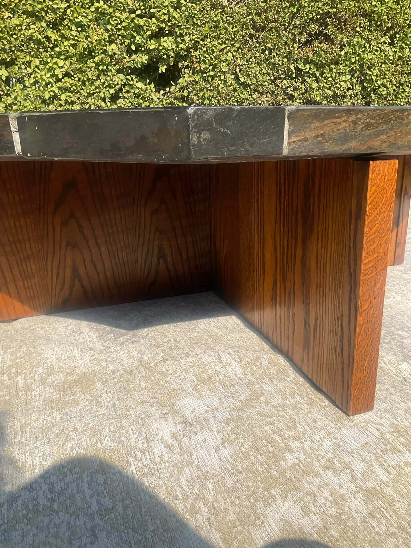 Brutalist octagonal coffee table from the 1970s in solid oak and slate.