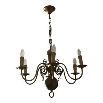 Lustre hollandais bronze massif six branches avec deux appliques