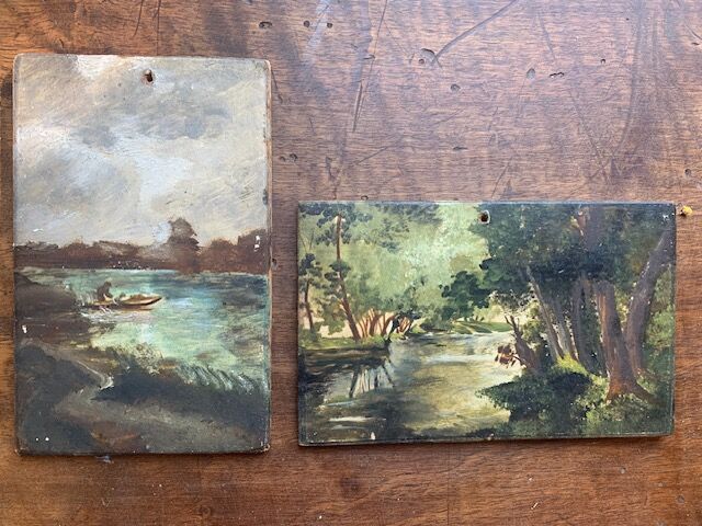 Pair of small old bucolic paintings, gouaches on wood, mid-twentieth, France
