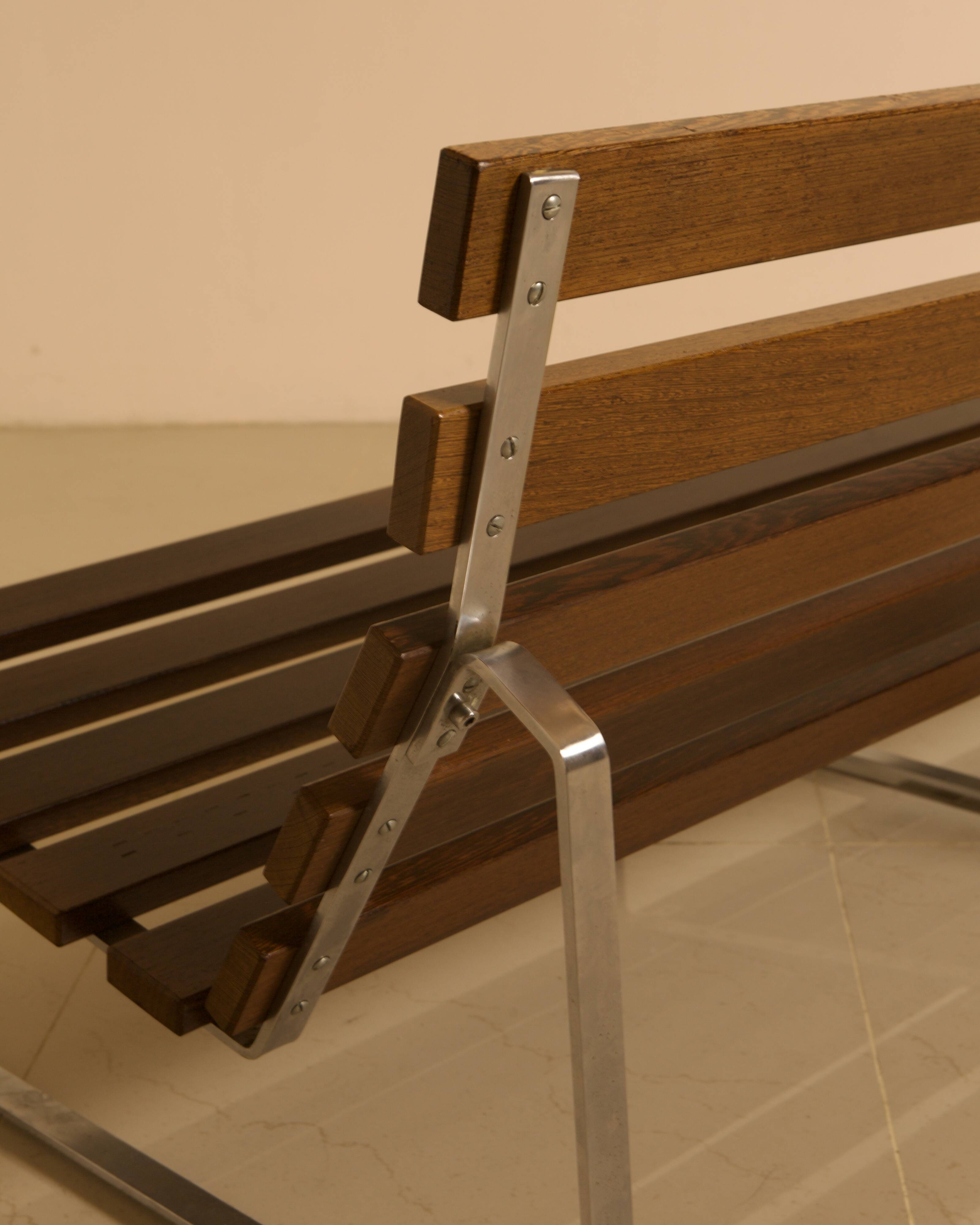 Unique Dutch bench in black leather with a steel and wenge structure from the 60s.