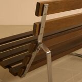 Unique Dutch bench in black leather with a steel and wenge structure from the 60s.