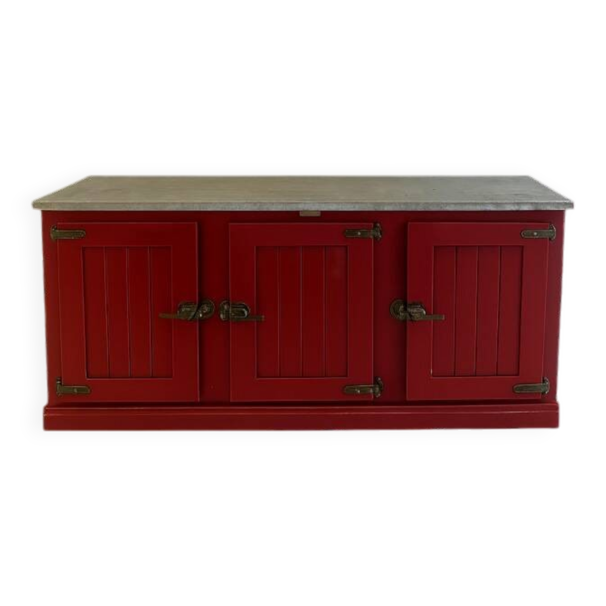 Low red "Guérande" buffet, zinc top, butcher's fridge-style doors