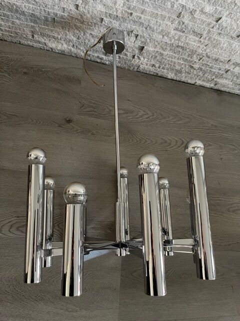 Large vintage chandelier stainless steel 1970