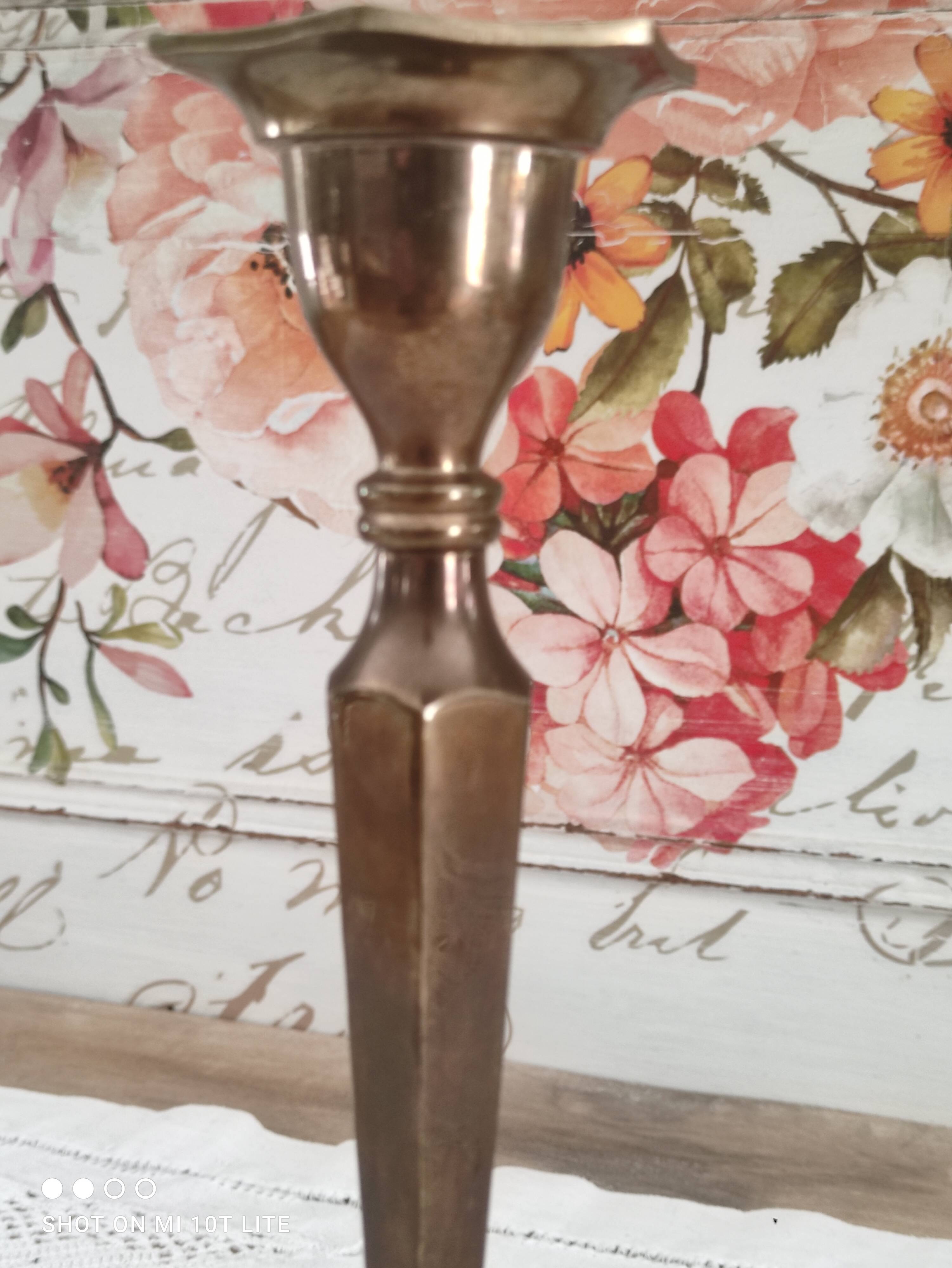 Brass candle holder high hexagonal foot