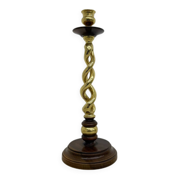 Large antique brass candle stick with wooden details, 1930s