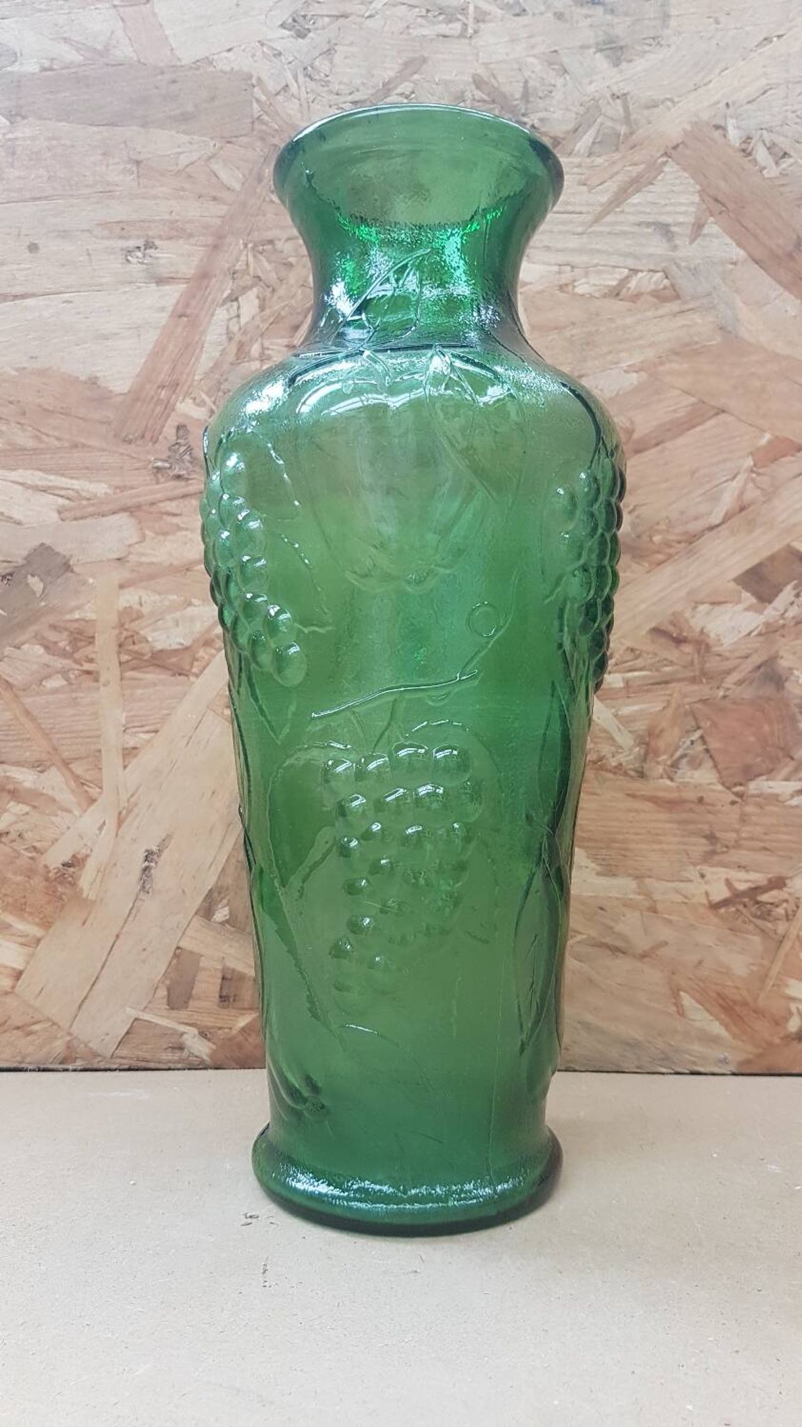 Old green molded glass vase vintage grape cluster decor