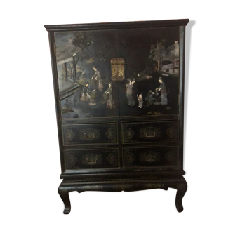 Chinese furniture with blackened wooden courtyard scene decoration and wall decoration. Work of the 19th