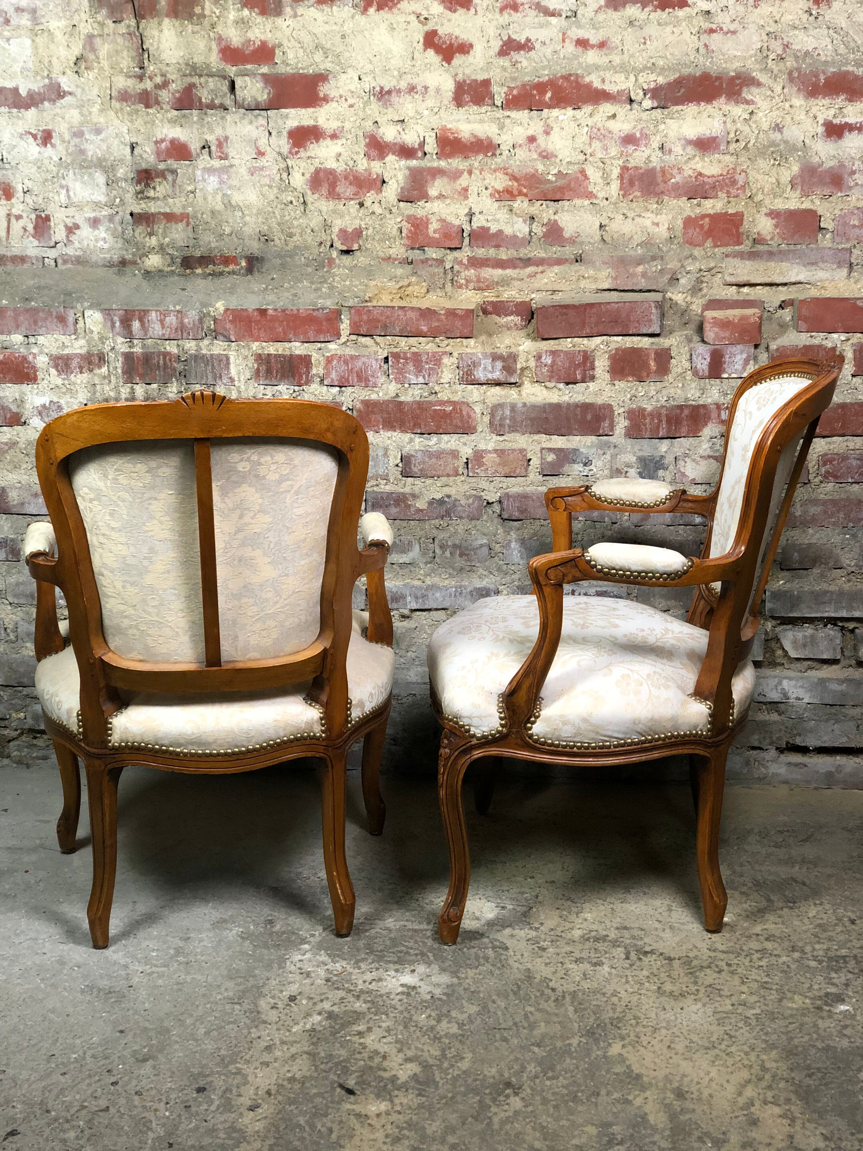 Armchairs Louis XV style carved walnut and fabric