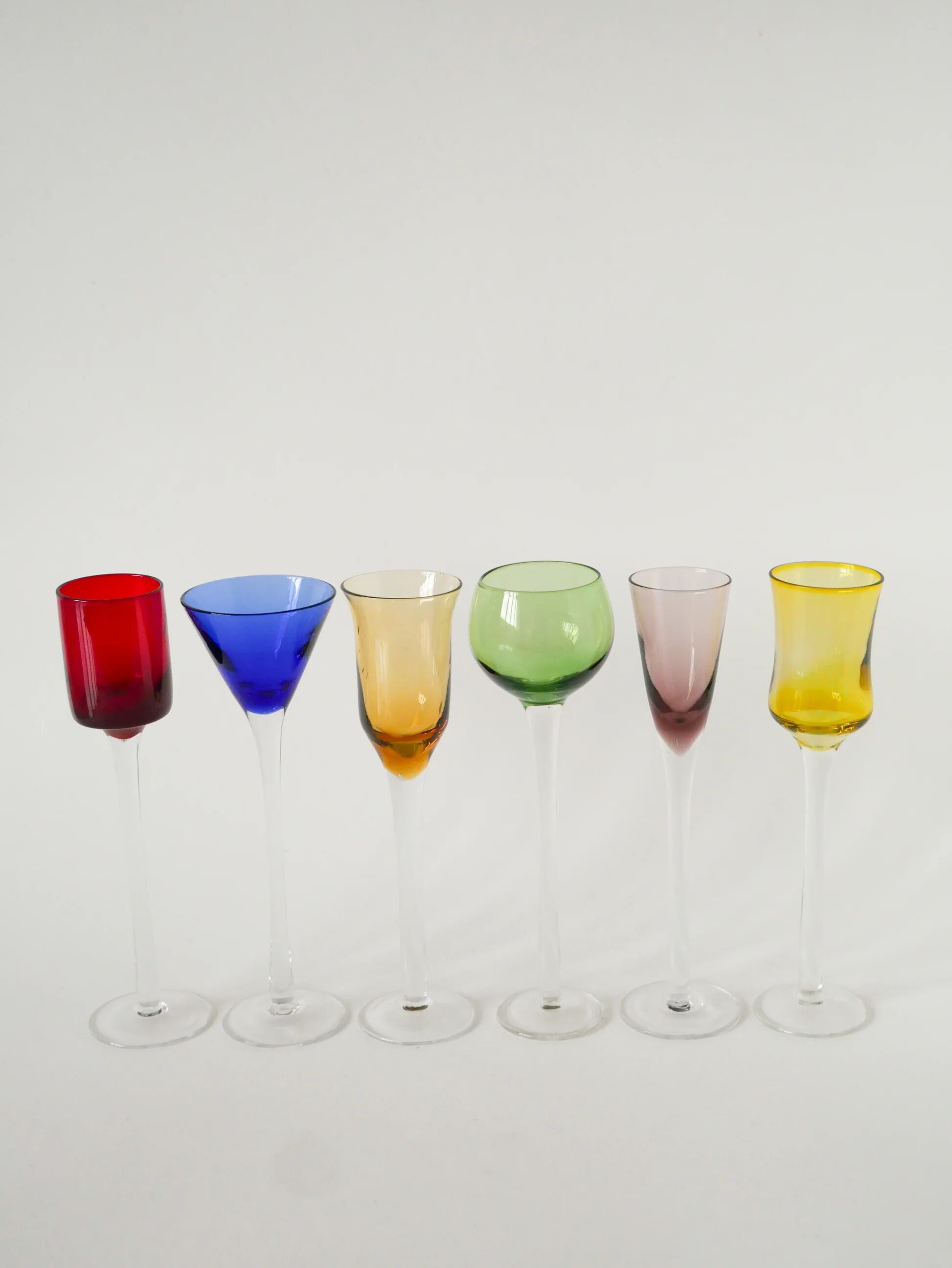 Set of 6 multicoloured liqueur glasses, designed in the 1970s.
