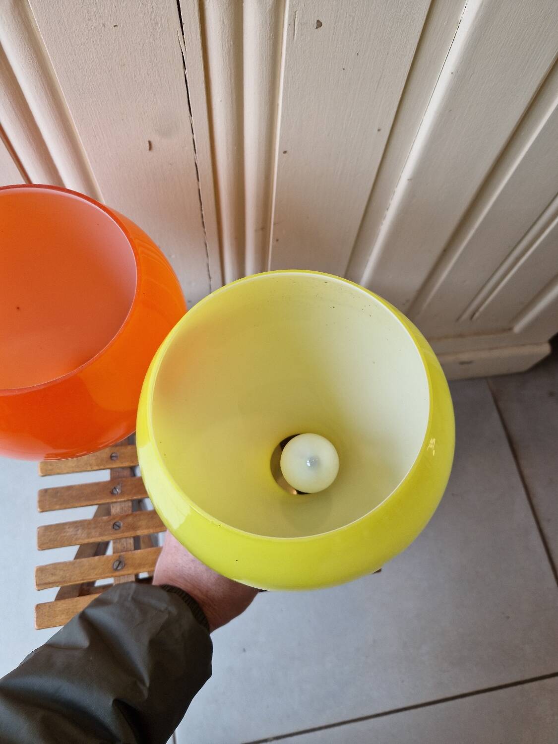 Set of 2 Yellow and Orange Opaline Chandeliers