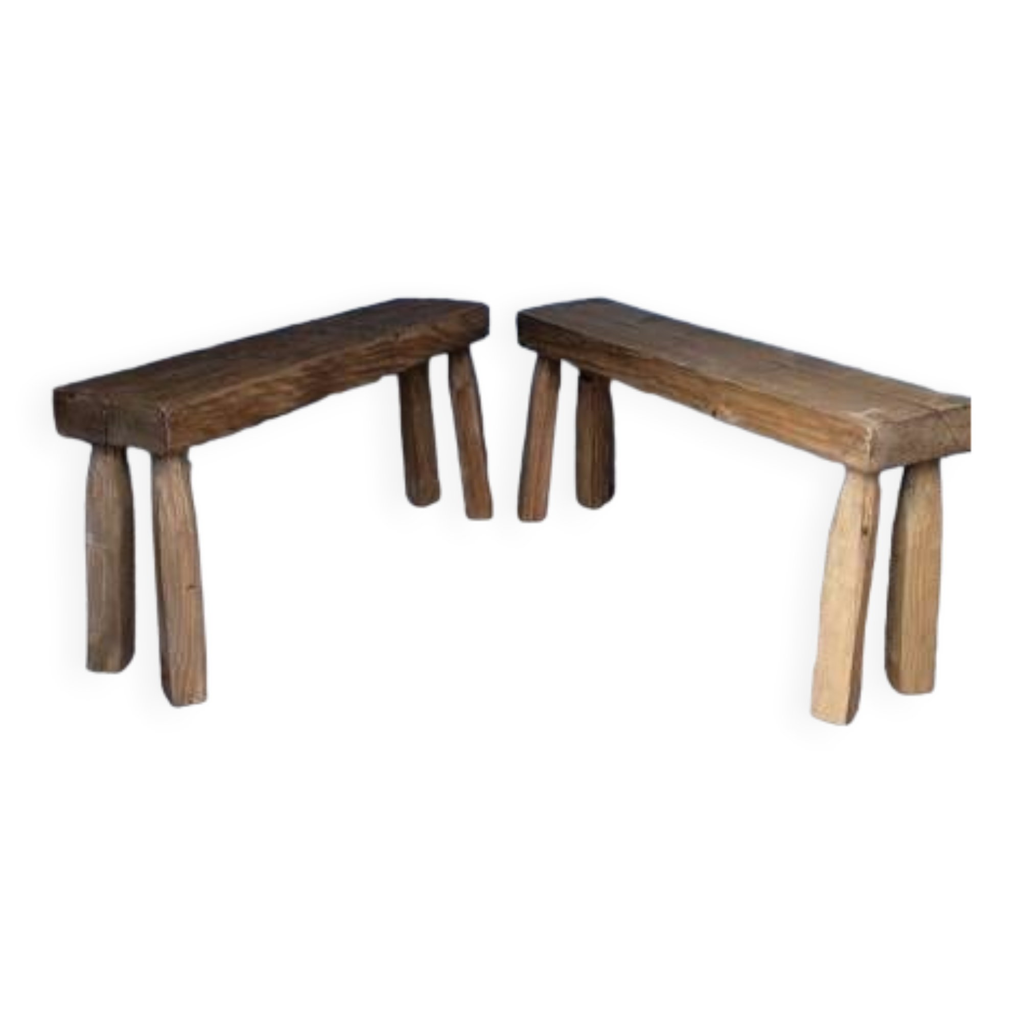 Pair of 2 patinated solid wood benches / stools