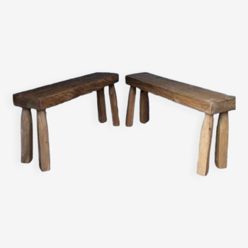 Pair of 2 patinated solid wood benches / stools
