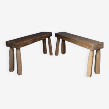 Paire 2 bancs / tabourets bois massif patiné