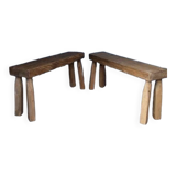 Pair of 2 patinated solid wood benches / stools