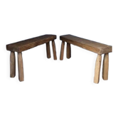 Paire 2 bancs / tabourets bois massif patiné