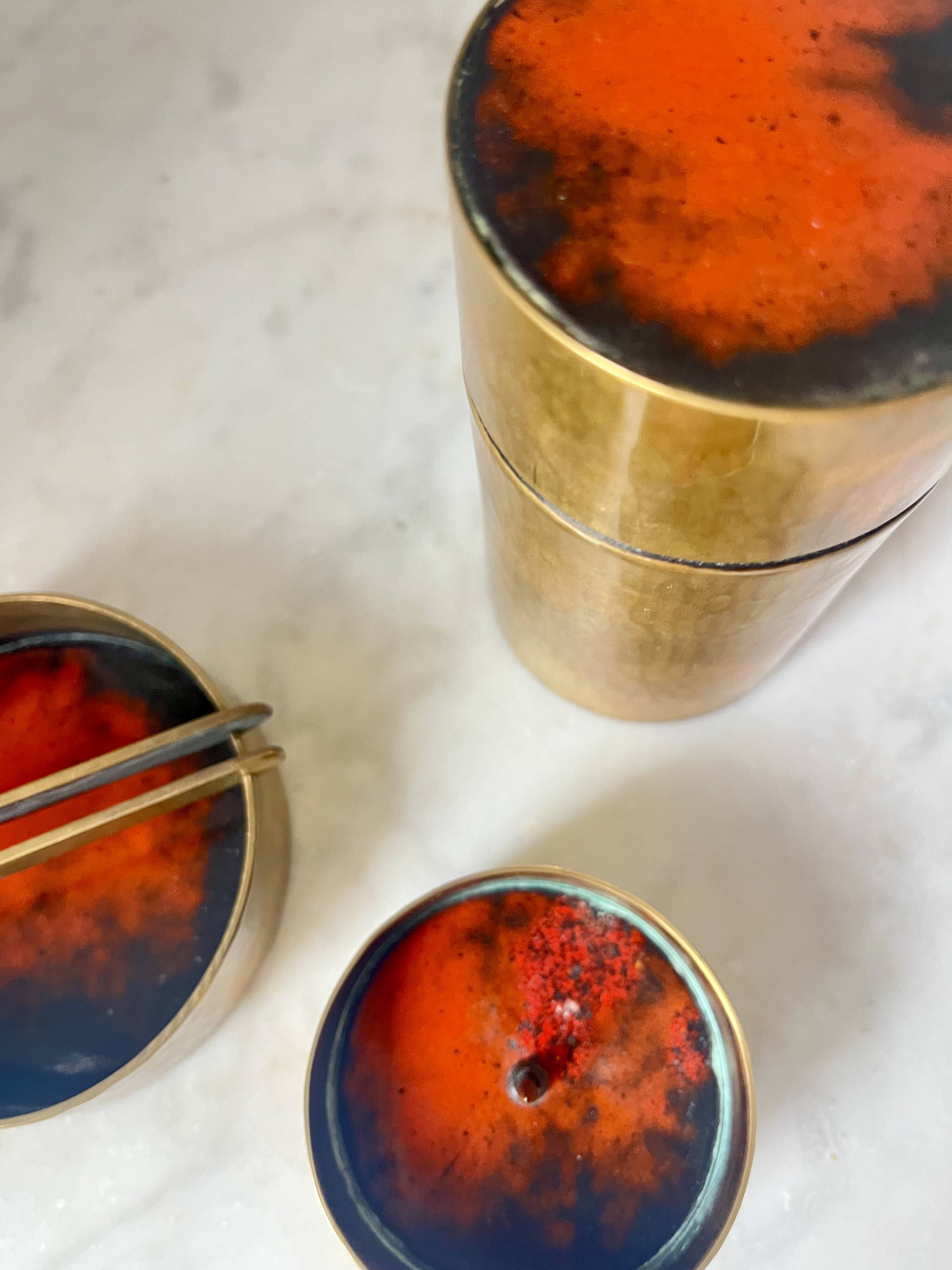 Vintage Red Enamelled Bronze Set, Ashtray, Candle Holder & Lidded Jar, 50s