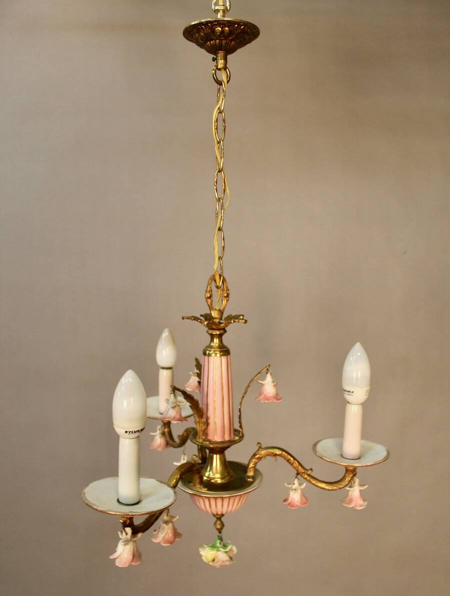 Small Italian Bronze Chandelier with Porcelain Flowers and its 2 Wall Sconces