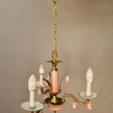 Small Italian Bronze Chandelier with Porcelain Flowers and its 2 Wall Sconces