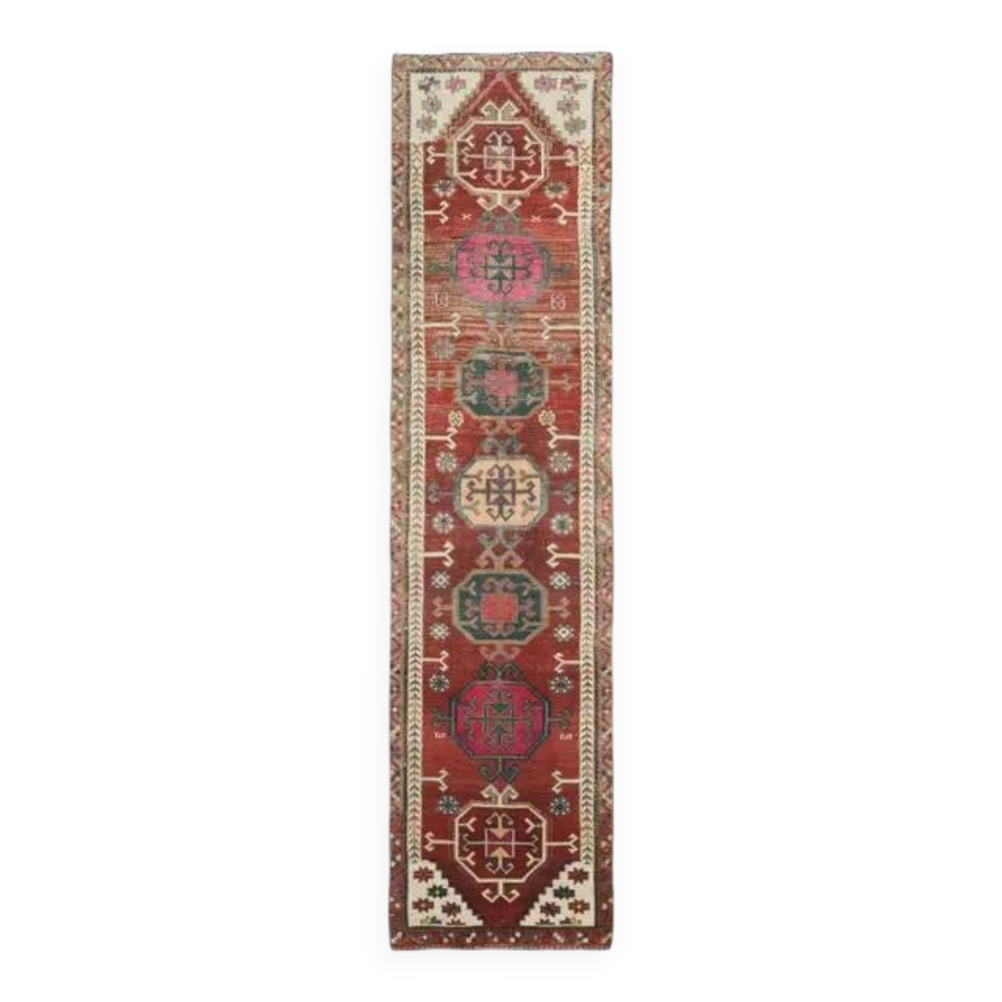 1970s Vintage Turkish Hand-Knotted Wool Cotton Red Runner Rug 90x390