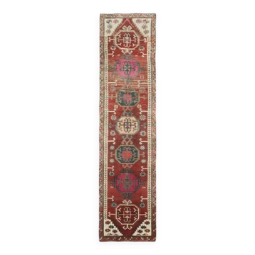 Tapis coureur vintage turc en laine et coton noué à la main des années 1970, 90x390.