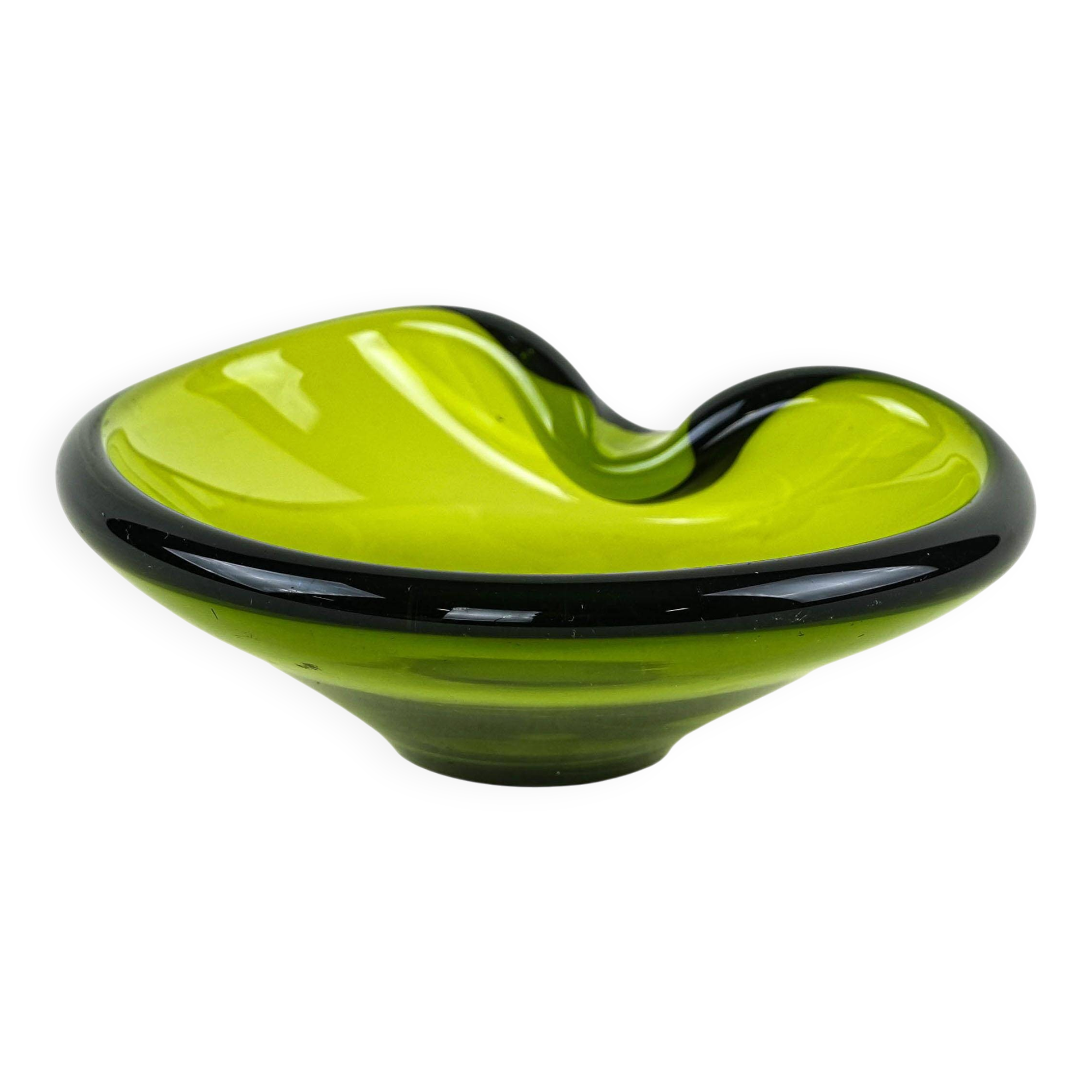 Holmegaard glass platter in olive green, organic form, Danish design, 1970s