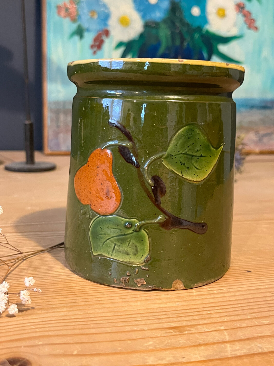 Old jam jar with pear pattern - Savoyard pottery