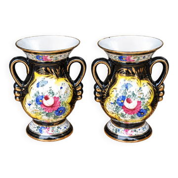 Pair of H. Bequet Quaregnon vases with floral and gold decoration – 20 cm