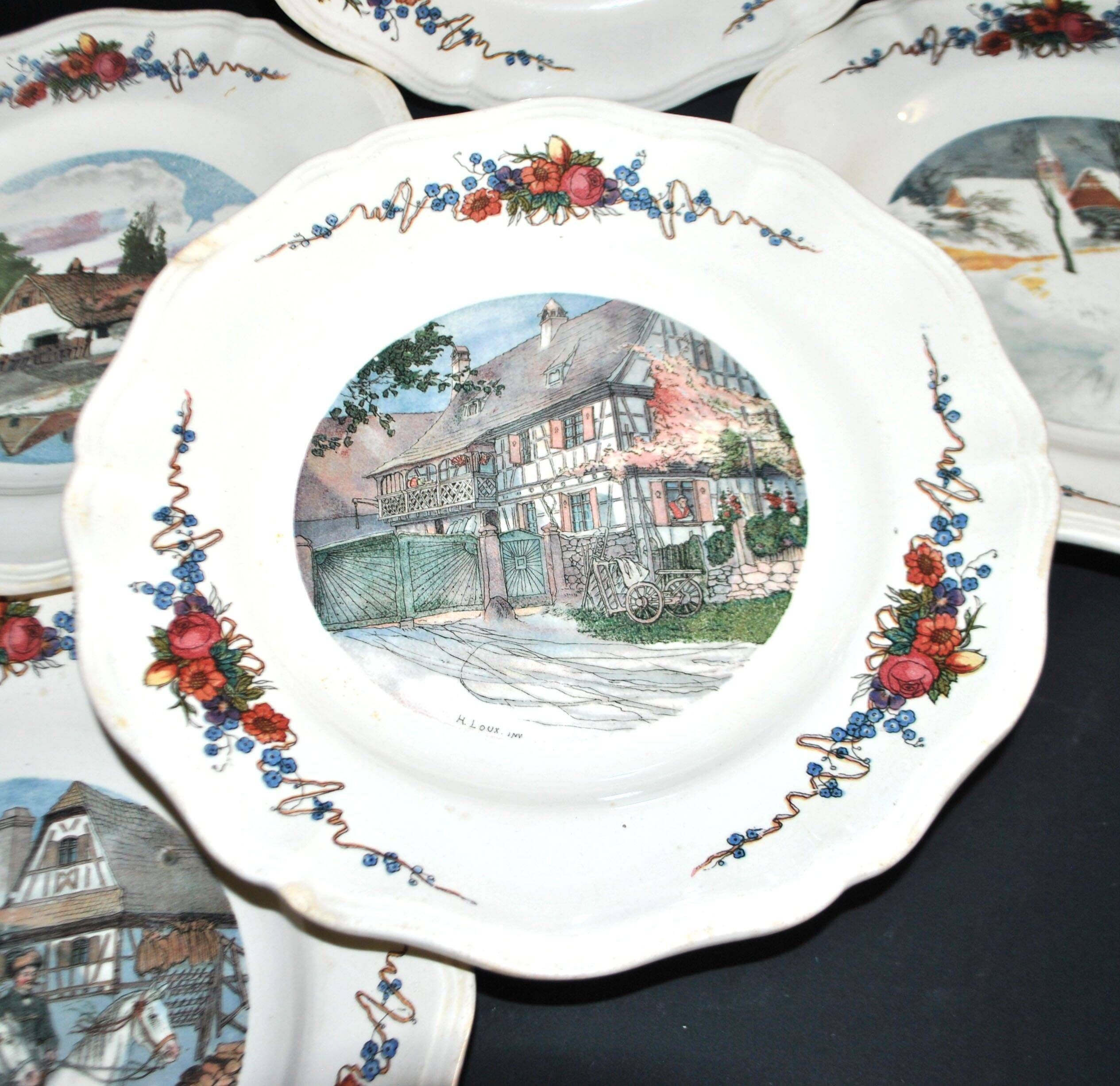Sarreguemines set of 6 flat plates Obernai village Alsace by Loux