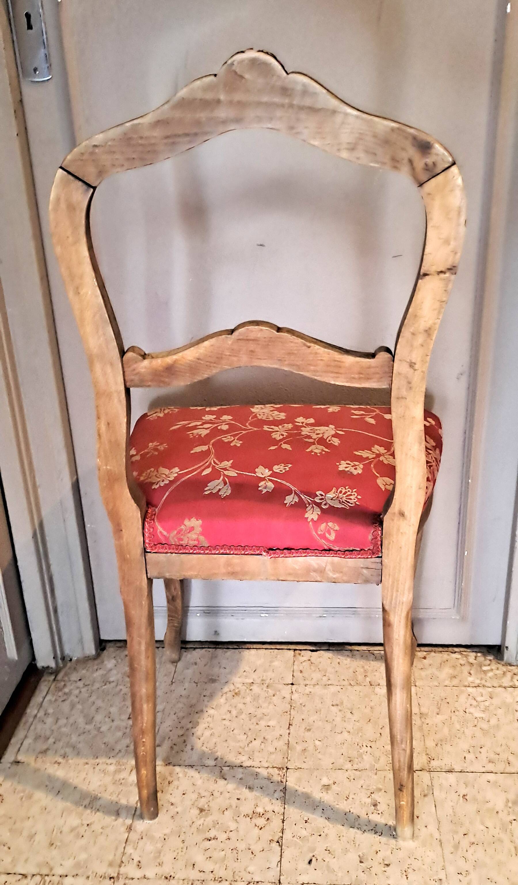 Wooden chair with varnished wood and red satin brocade fabric, 1920