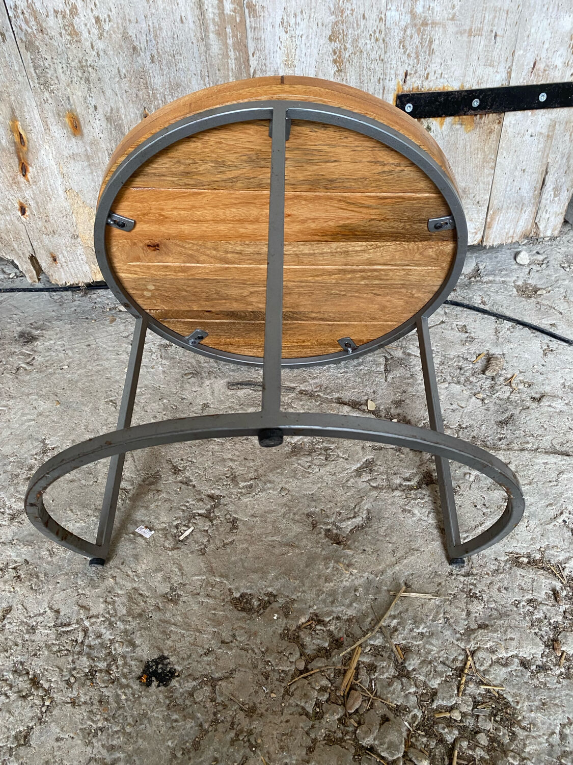 Nightstand Round Design Metal Grey + Wooden Top #D