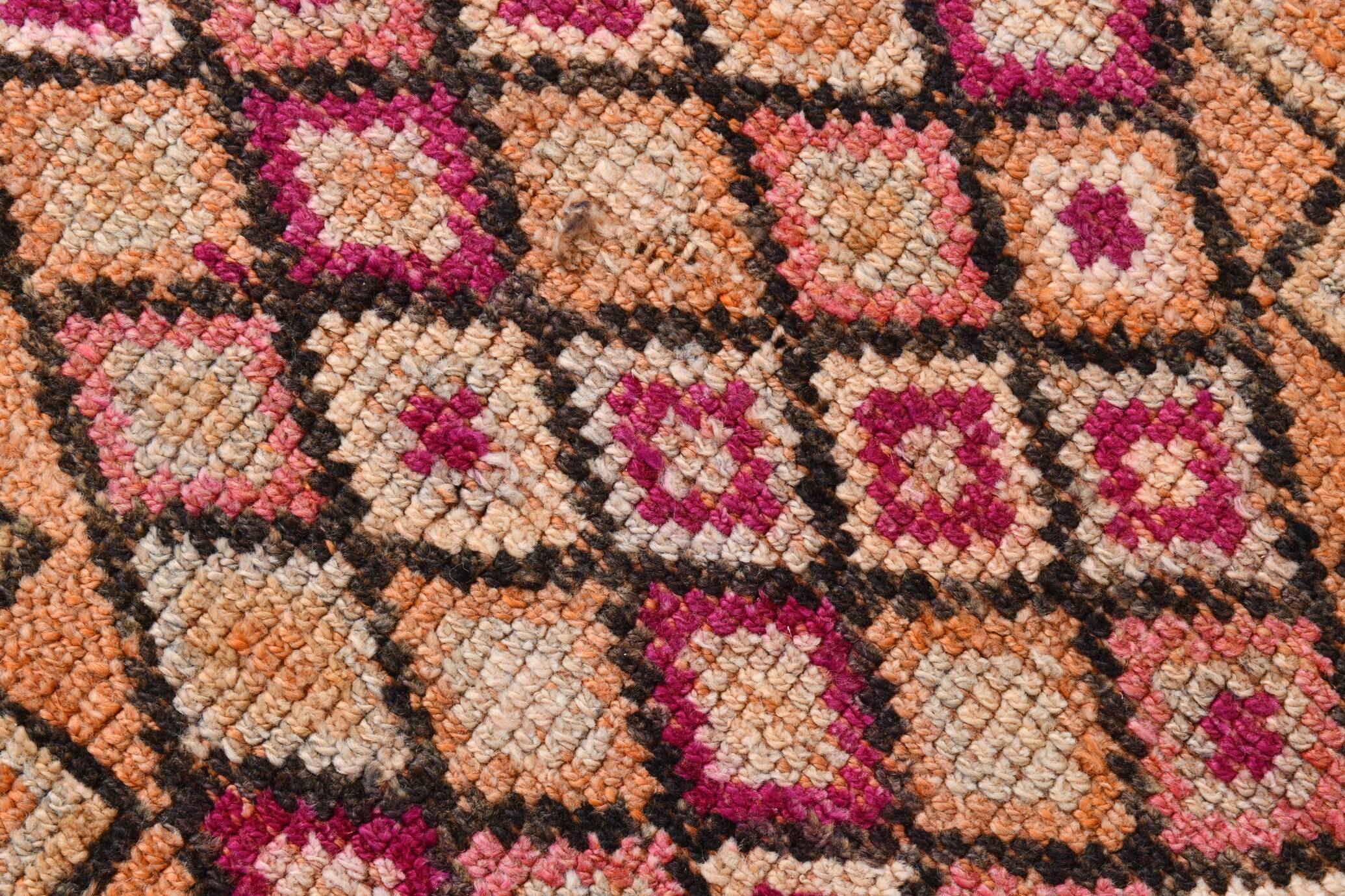 Fuchisa & Burgundy Turkish Runner Rug, One of a Kind Hallway Runner