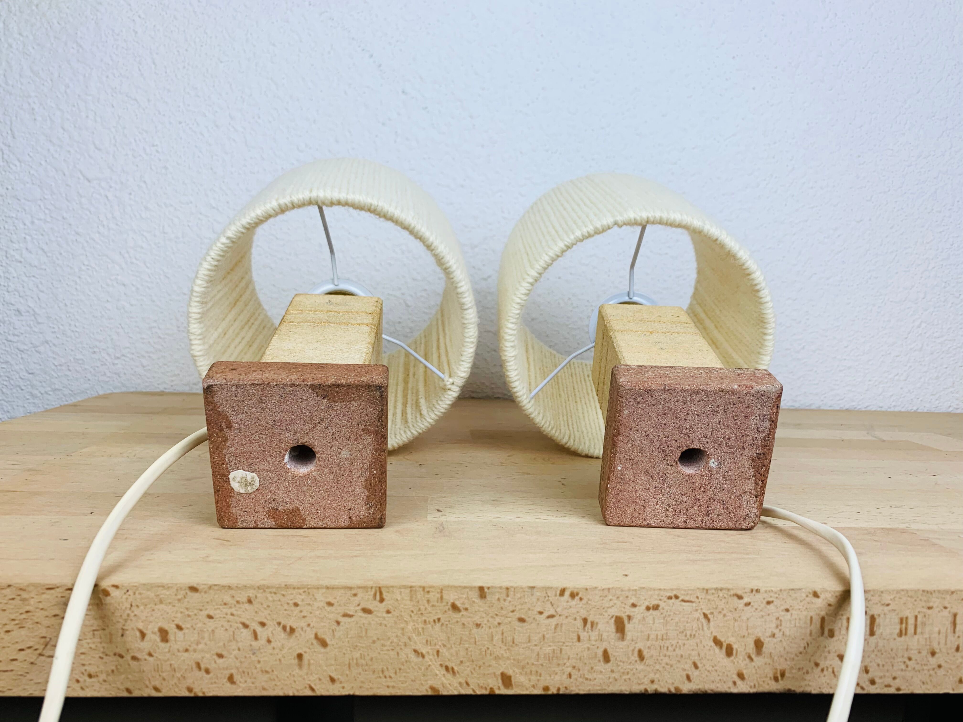 Pair of brutalist lamps pink sandstone and wool lampshade