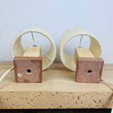 Pair of brutalist lamps pink sandstone and wool lampshade