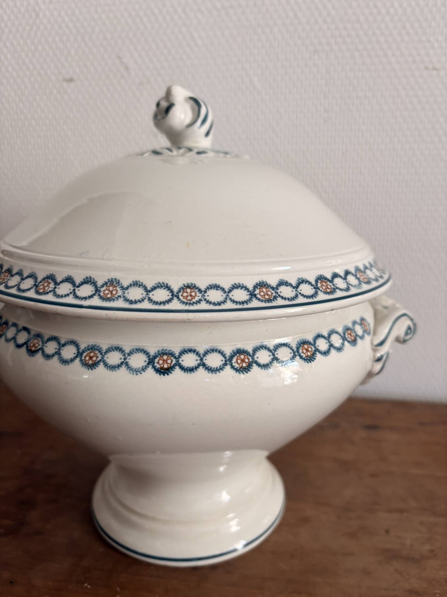 Antique Soup Tureen Vegetable Dish Faience Longwy Henri II Style Geometric Frieze