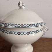 Antique Soup Tureen Vegetable Dish Faience Longwy Henri II Style Geometric Frieze