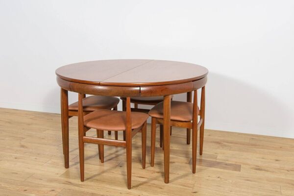 Table à manger en teck des années 50 et chaises par Hans Olsen pour Frem Røjle, Danemark, années 1960, ensemble de 5.