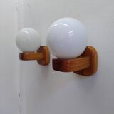 Pair of Scandinavian pine and opaline wall lights, 1980