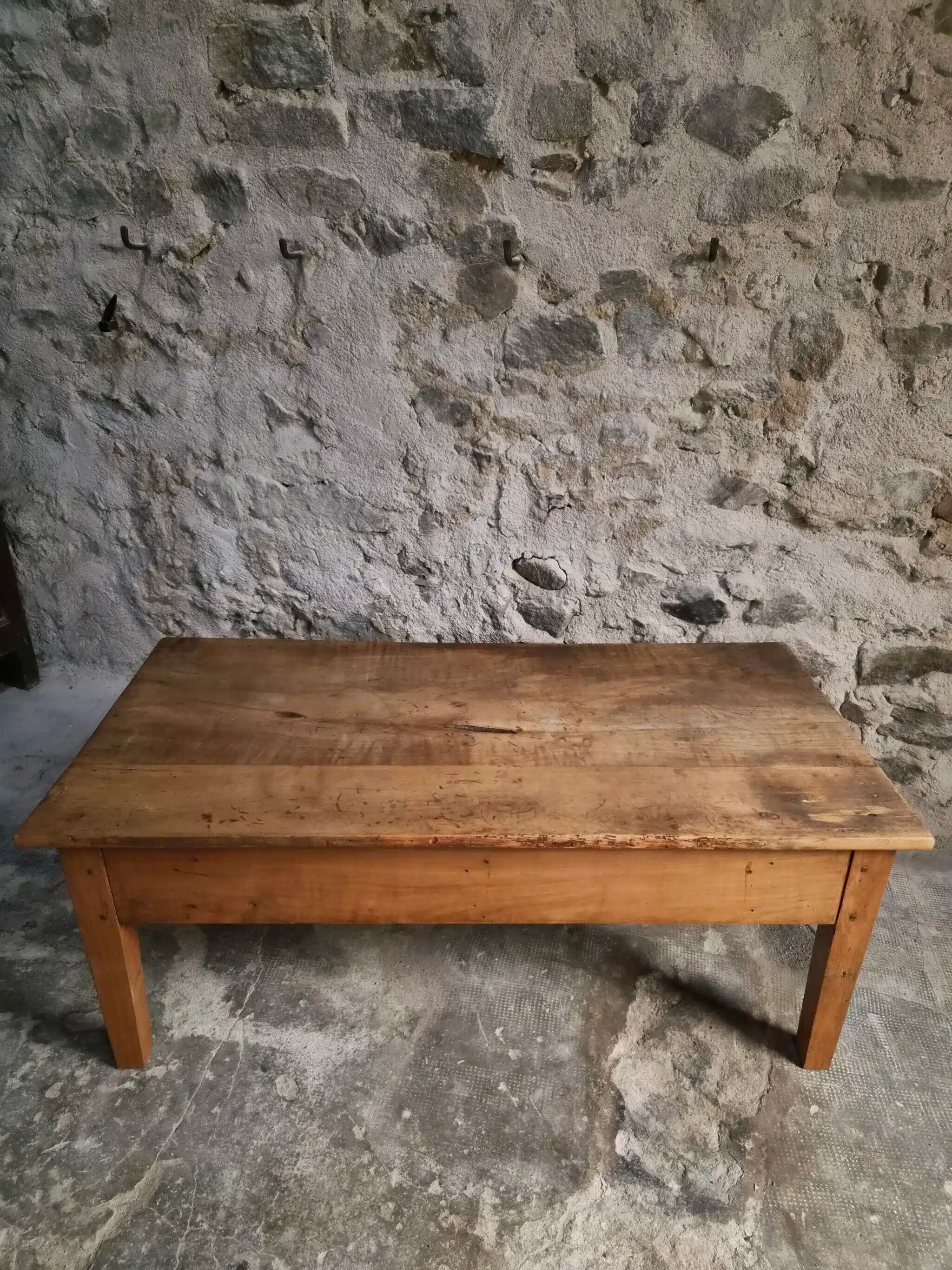 Antique French coffee table, 18th-century cherry farmhouse table with a drawer.