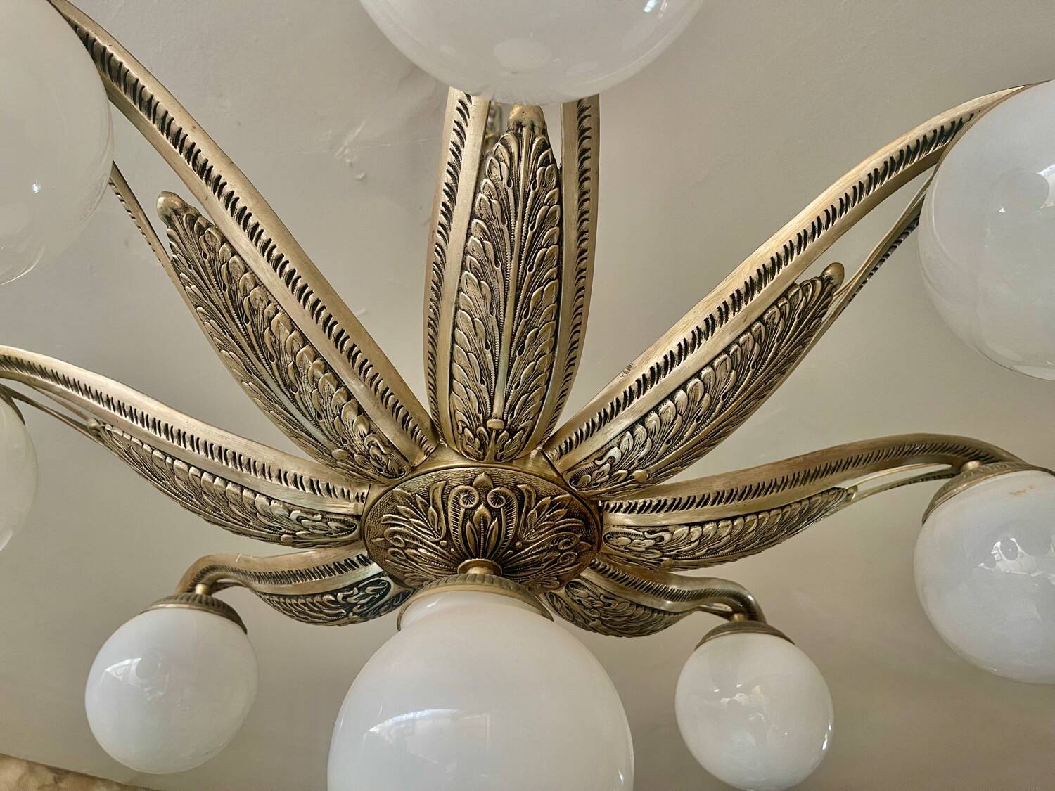 Art Deco ceiling light in bronze with 9 glass globes, France 1935
