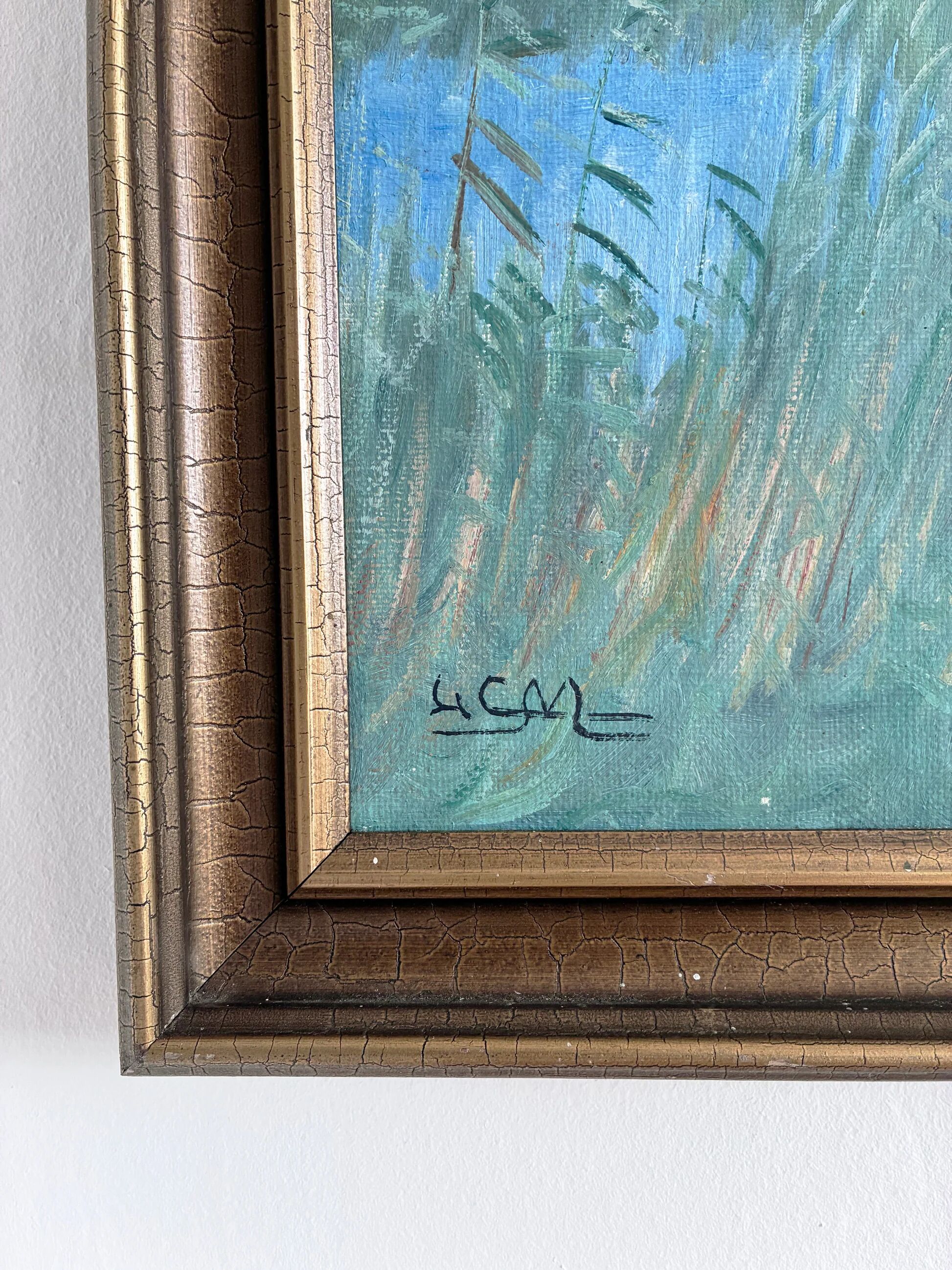 Large vintage original landscape dog oil painting