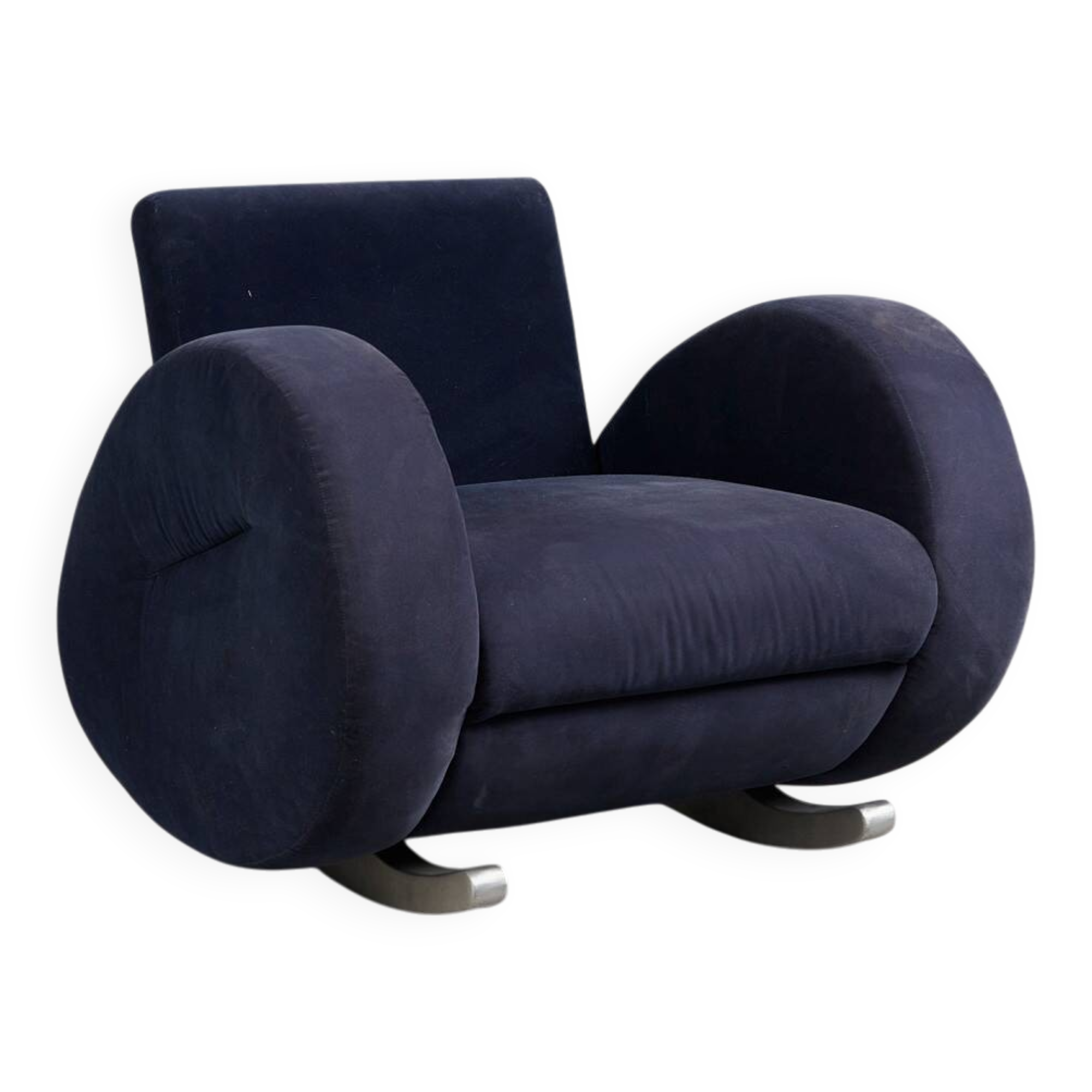 Bretz (Germany) — Rocking Chair / Armchair — Blue Velvet Upholstery — 1980s