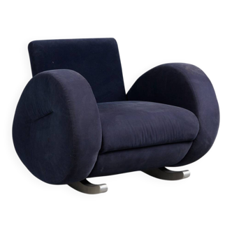 Bretz (Germany) — Rocking Chair / Armchair — Blue Velvet Upholstery — 1980s